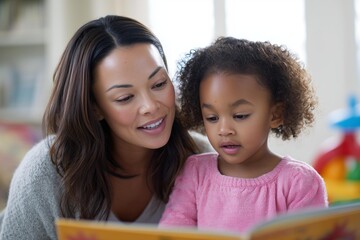 Adoptive mother reading a multicultural children's book to her 4-year-old daughter in a bright playroom with toys, representing diverse family life and bonding.