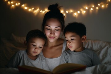 Asian mother reading bedtime story to twin boys in cozy, dimly lit bedroom with fairy lights and soft shadows, capturing an intimate family moment in photojournalistic style.