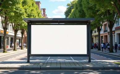 Obraz premium Empty bus stop shelter on city street with trees and pedestrians 
