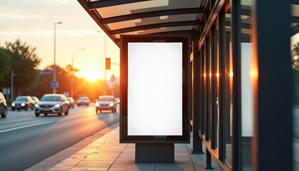 Empty bus stop advertisement billboard at sunset along city street  