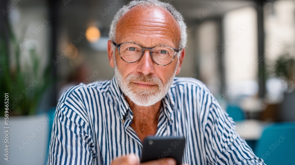 Poster man with glasses is sitting at a table with a cell phone in his hand. he is looking at the camera wi
