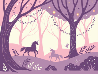 Enchanted forest with magical creatures. Whimsical fairy-tale vector, flowing organic shapes, ethereal lighting, and dreamy pastel hues