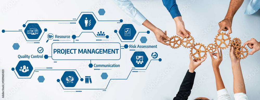 Poster engaging visual depicting collaborative project management. gears symbolize teamwork, resource alloc
