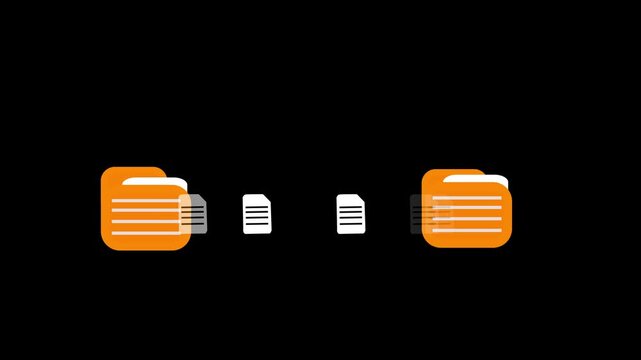 Two folders file transfer animation seamless loop. Suitable for business, data management, quick torrent of copying data from folder to folder on computer, transparent background footage