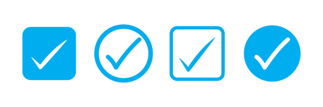 Blue tick icon on light background. Chek mark, approved profile sign. Verified account concept. Social network. Verify, confirm, done sticker symbol. Flat colored style.