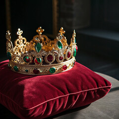 Decorative Gold Crown with Red and Green Gemstones on Velvet Cushion

