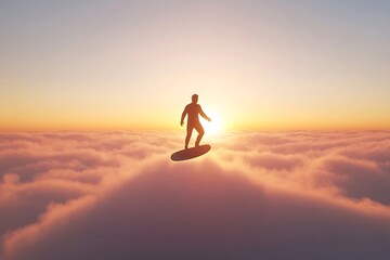 Silhouette Surfer Rides the Clouds at Sunset Dreamy and Peaceful Image