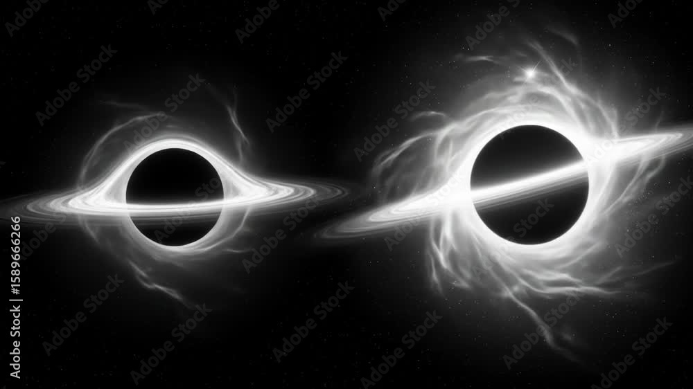 Poster binary black holes in space - a digital video showcases two black holes with accretion disks, their 