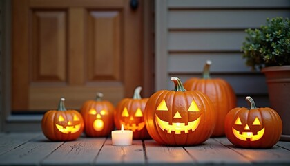 Obraz premium Halloween pumpkins with carved faces illuminated on porch steps 