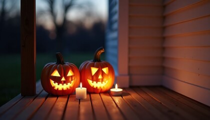 Halloween pumpkins glowing with candles on porch at twilight  