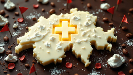 White Chocolate Map of Switzerland with Swiss Cross and Mini Flags