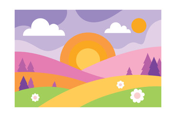 Obraz premium Cartoon Illustration Sunny Landscape Rolling Lavender Fields
