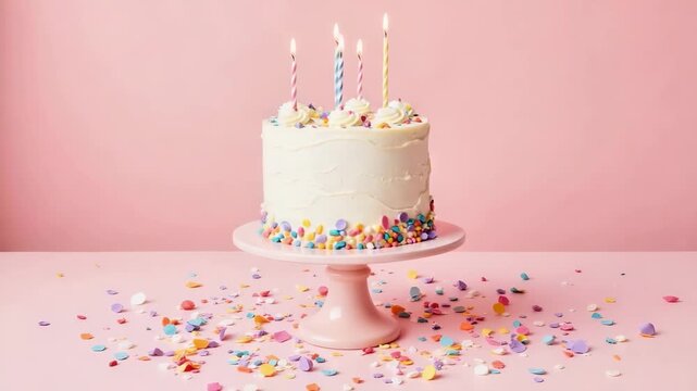 Birthday cake with candles and colorful sprinkles on pink background  