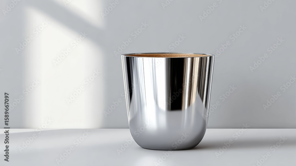 Poster shiny silver bowl sits on a table in front of a window. the sunlight streaming in through the window