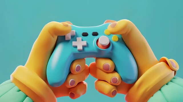 Close up of a person holding a video game controller. 3D illustration style