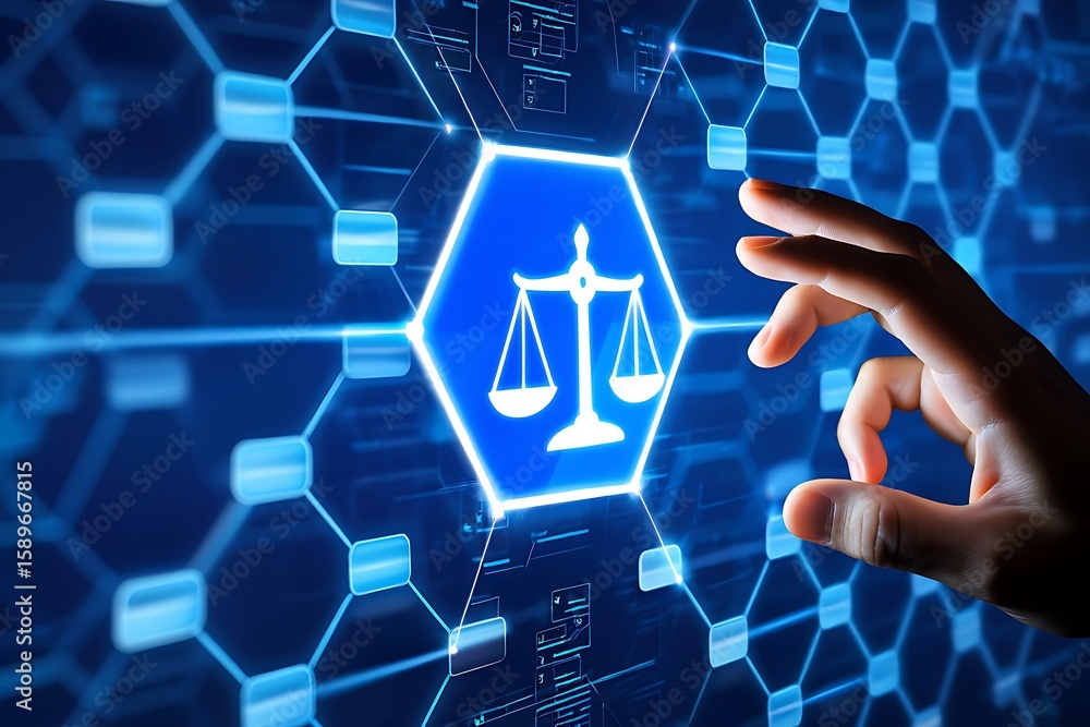 Poster human hand interacting with a glowing blue digital interface displaying the scales of justice symbol