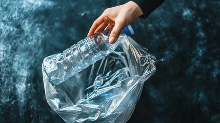 Adult hand holding clear plastic bottle over open trash bag, minimal environmental theme