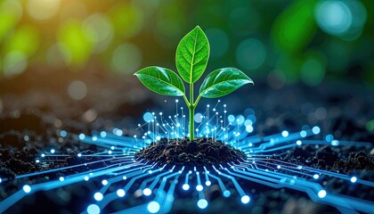 A young plant sprouts from soil, with glowing circuit lines surrounding it