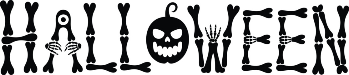 Fototapeta premium Halloween Wordmark with Pumpkin and Bone Elements text
