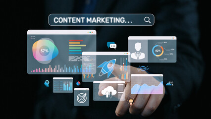 Content marketing interface with data dashboards, analytics charts, and content tools. Marketing...