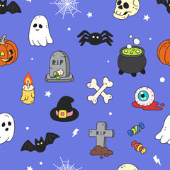 seamless pattern halloween pumpkin doodle vector illustration, cute cartoon