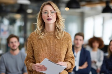 Exploring next week s events A young professional presenting to coworkers in an office