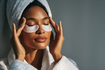 A beautiful African woman in a white bathrobe applies eye patches after her morning cleansing routine caring for her delicate eye skin