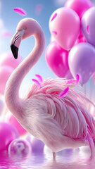 Pink flamingo with vibrant feathers stands gracefully amidst colorful balloons in a dreamy, ethereal setting