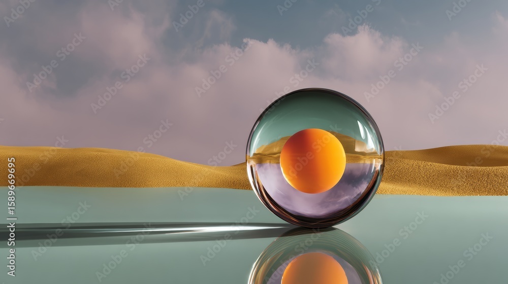Poster glass sphere with an orange inside of it is floating in a body of water. the scene is set in a deser