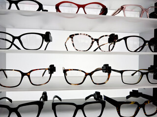 Glasses frames on a shelf in a store