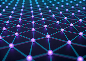 3D abstract net of connected dots with electric glow in purple and blue
