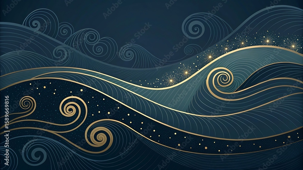 Poster an abstract background features swirling blue waves adorned with golden accents, creating an elegant