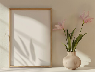 Elegant tabletop frame mockup in vertical orientation placed in soft home setting with shadow from outside natural lighting, perfect for showcasing creative posters or motivational typography