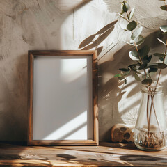Clean and minimal vertical portrait frame mockup on a neat desk with pastel background, ideal for printable quote or photograph display