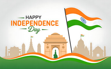 Fototapeta premium Indian Independence Day Banner. 70 Years poster with flag-colored number and landmark silhouettes