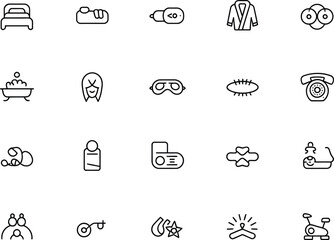 Hotel Amenities Icons Set with Bed, Slippers, Bathrobe, Toiletries, and Exercise Bike