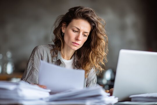 A businesswoman reviews documents and works on a laptop at her desk