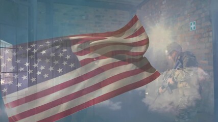 Soldier aiming rifle and firing bursts triggered by waving flag overlay for training - Powered by Adobe