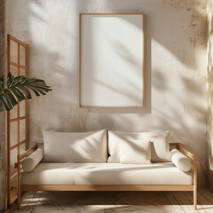 Vertical frame mockup in cozy neutral-toned living room, great for interior-themed presentations or digital art product listings