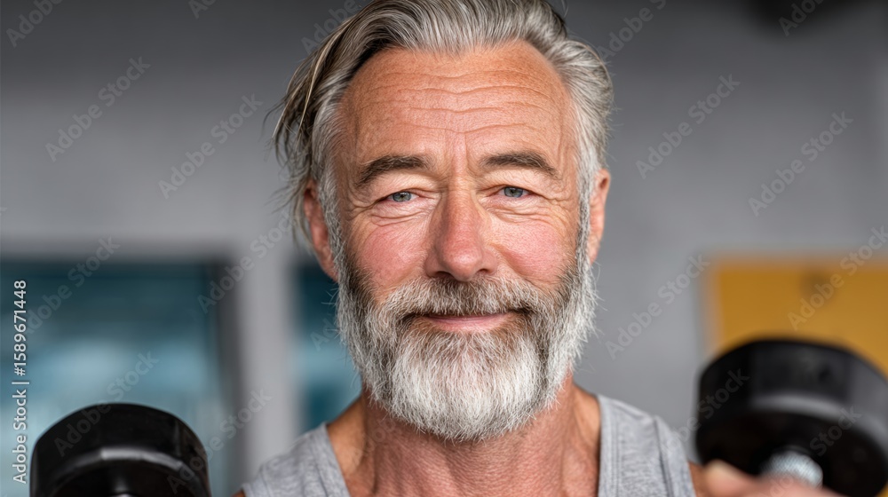 Poster man with a beard and gray hair is smiling while holding two dumbbells. he looks happy and healthy