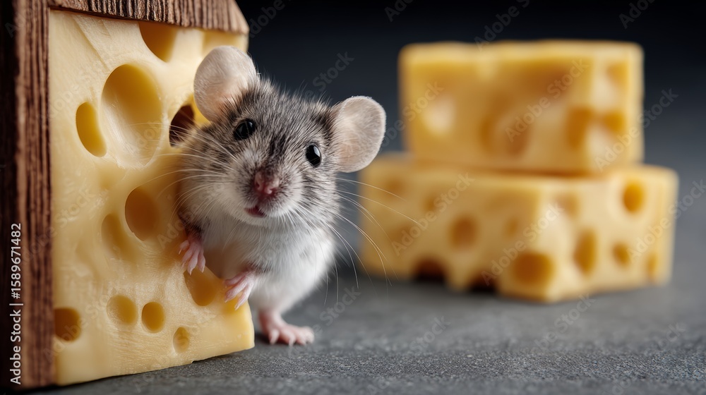 Poster mouse is peeking out of a hole in a block of cheese. the scene is playful and lighthearted, as the m