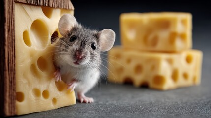Fototapeta premium Mouse is peeking out of a hole in a block of cheese. The scene is playful and lighthearted, as the mouse seems to be curious about what's on the other side of the hole