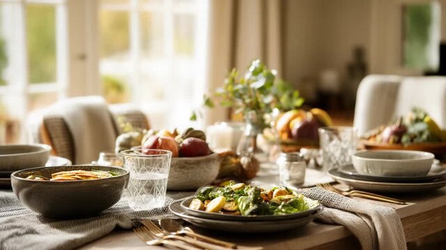 Gourmet meal served on a rustic wooden table in a cozy dining room with natural light