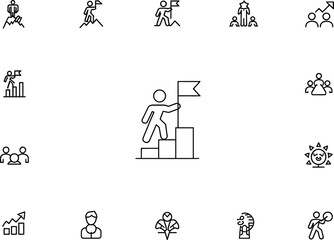 Fototapeta premium Leadership Linear Icon Set Man Ascending Steps with Flag on Transparent Background