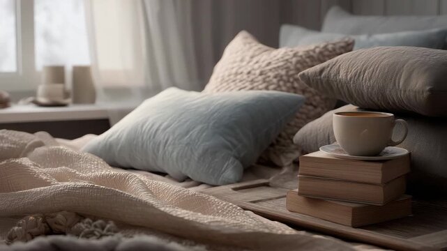 Cozy bedroom scene with pillows and a cup of coffee on stacked books in soft morning light