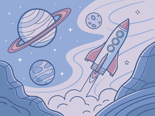 Futuristic space exploration with planets and rockets. Semi-realistic vector with neon glows, metallic textures, and detailed cosmic elements for a sci-fi vibe