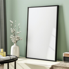 Vertical standing frame on wooden table in stylish interior background, perfect for presenting wall poster art, typography, or photography