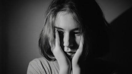 Moody black white sad girl portrait. Concept of mental health. Lonely depressed woman feel despair, anxiety, grief. Young schoolgirl worry test exam mark. Insecure teenager. Bad day, problems.