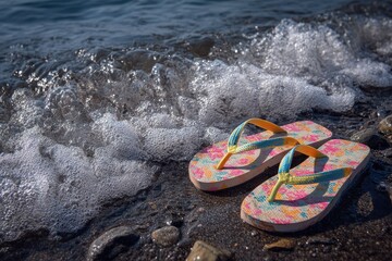 Beach sandals on wet rocks, foamy waves