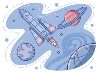 Futuristic space exploration with planets and rockets. Semi-realistic vector with neon glows, metallic textures, and detailed cosmic elements for a sci-fi vibe